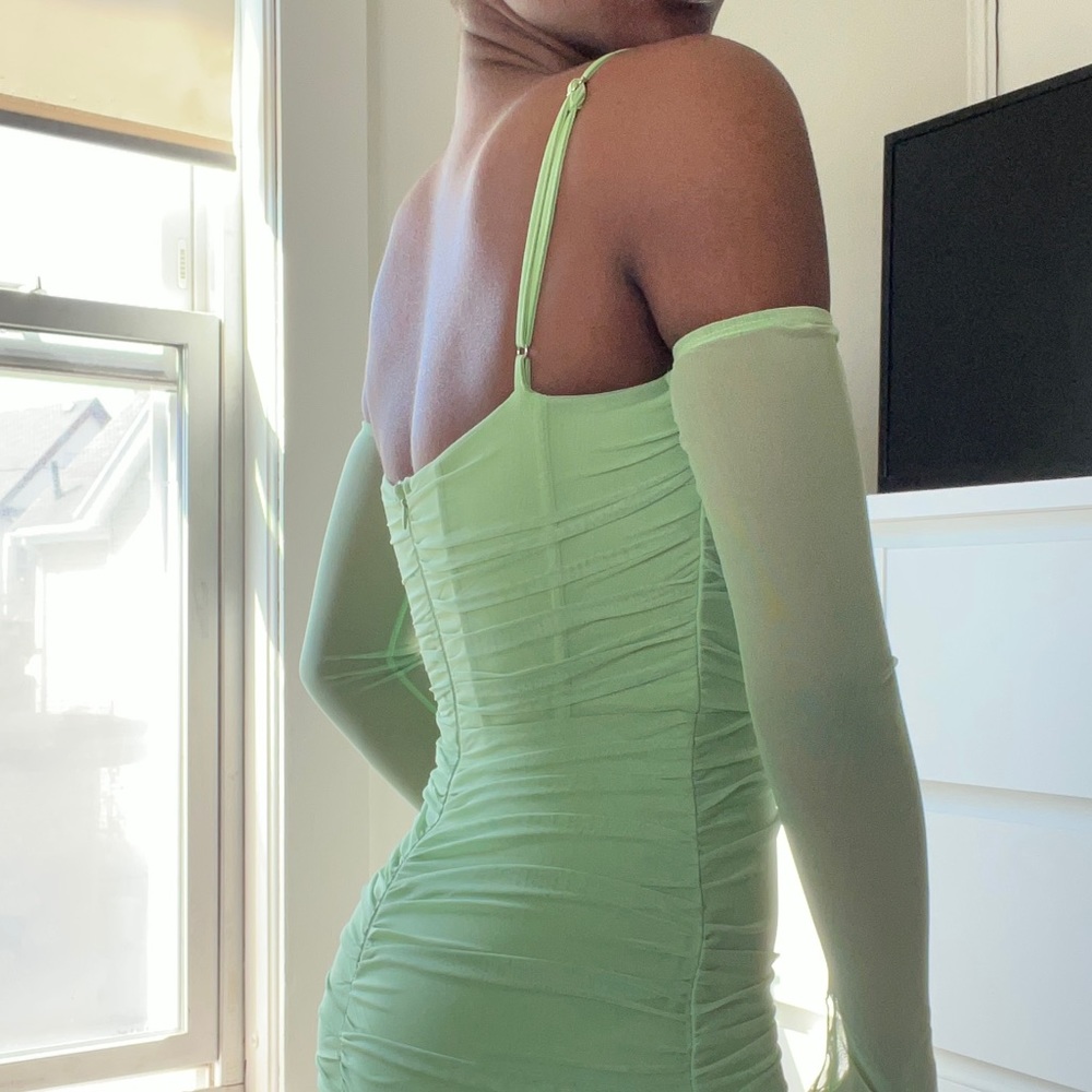 Oh Polly Off Shoulder Ruched Bust Mini Dress Green - Picture 3 of 3